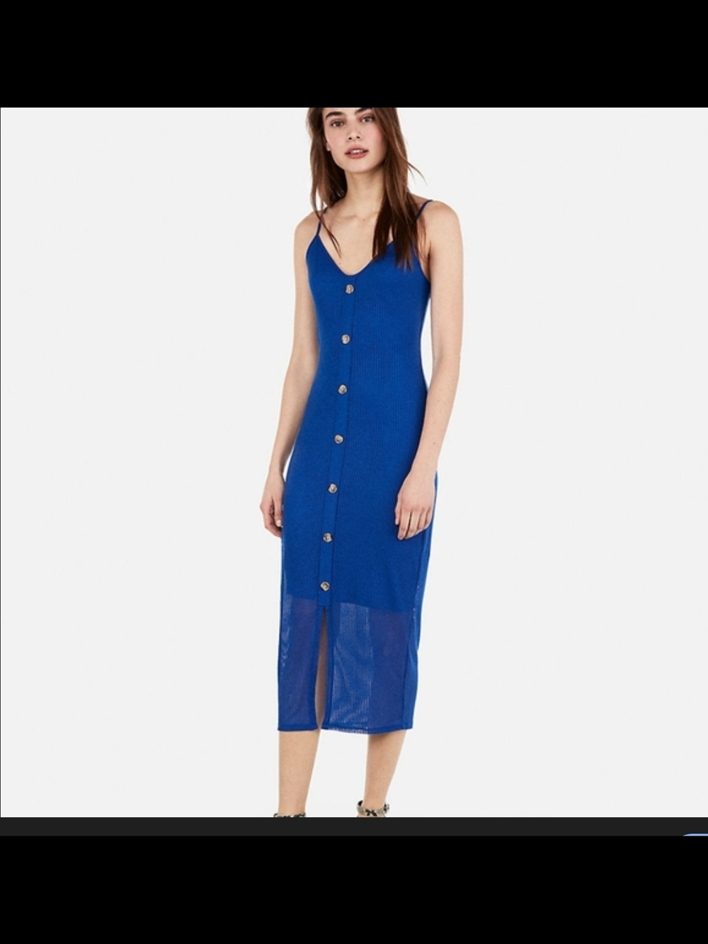 Express Royal Blue Ribbed Button Midi Dress - Picture 3 of 6